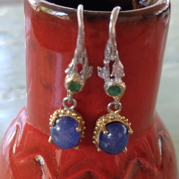Amazing genuine sapphire emerald art earrings - Picture 3 of 8